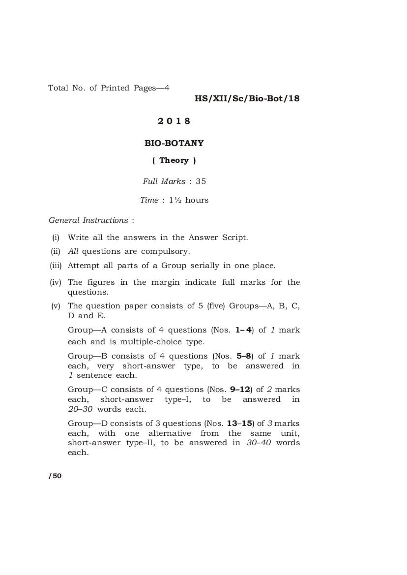 MBOSE Class 12 Question Paper 2018 for Bio Botany - Page 1