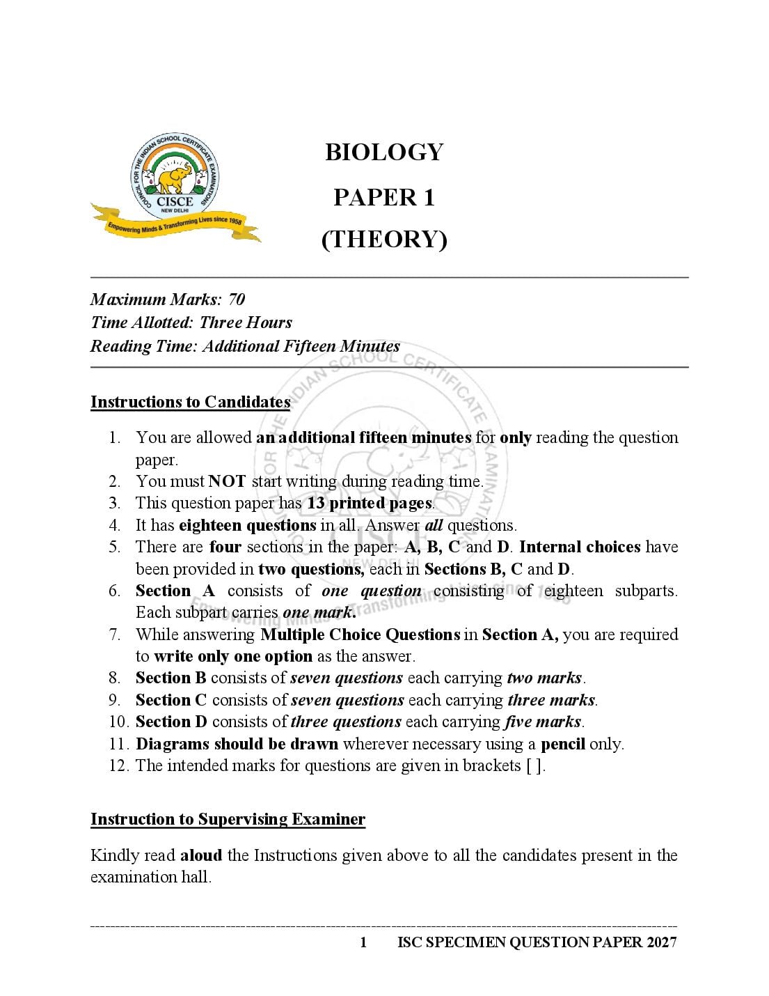 ISC Class 12 Sample Paper 2027 Biology - Page 1 of 21