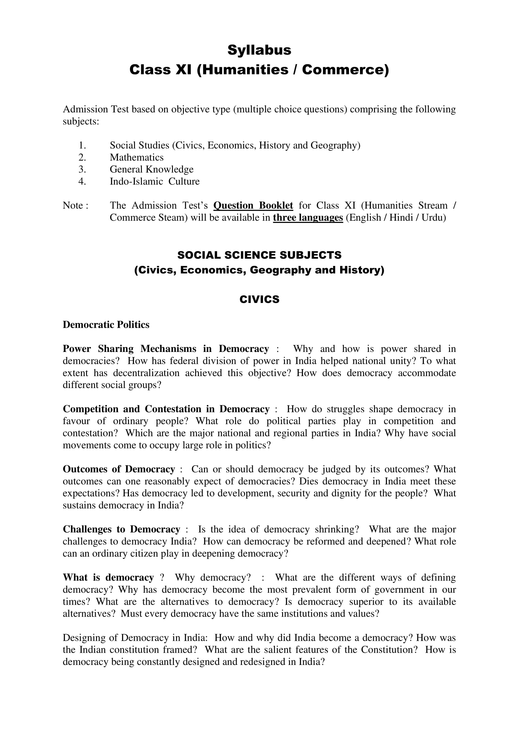 AMU Entrance Exam Syllabus for Class XI Humanities Commerce Stream - Page 1