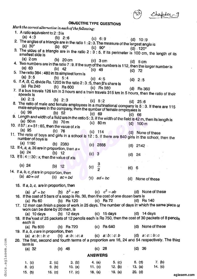 RD Sharma Solutions Class 6 Maths Chapter 9 Ratio, Proportion and Unitary Method MCQ - Page 1