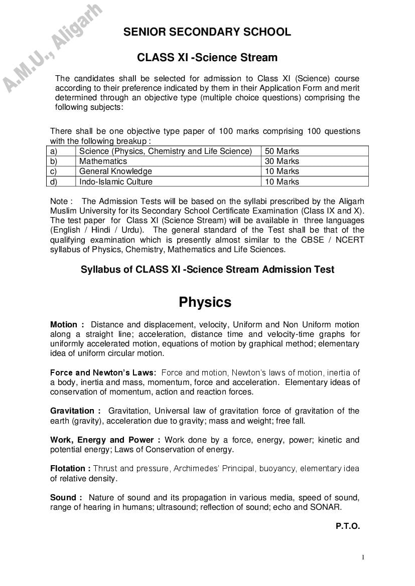 AMU Entrance Exam Syllabus for Class XI  Science Stream - Page 1