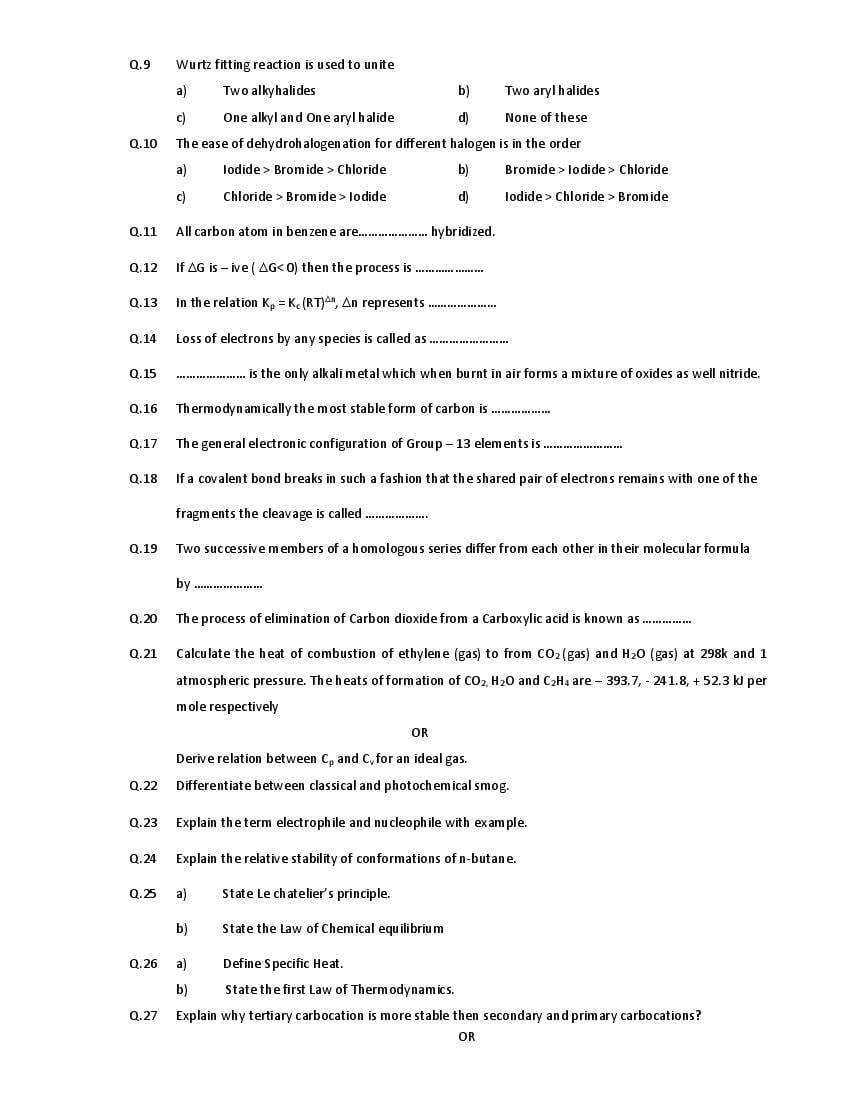 Hpbose Class 11th Model Question Paper For Chemistry 2022 Download Hp Board Term 2 Sample Paper 9024