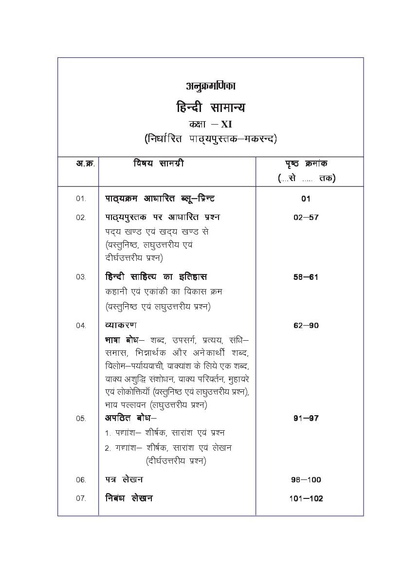 MP Board Class 11 Hindi (General) Question Bank (PDF) – Important Questions