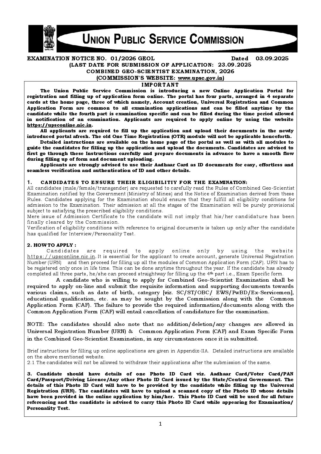 UPSC Combined Geo Scientist Prelims 2026 Notification - Page 1 of 43
