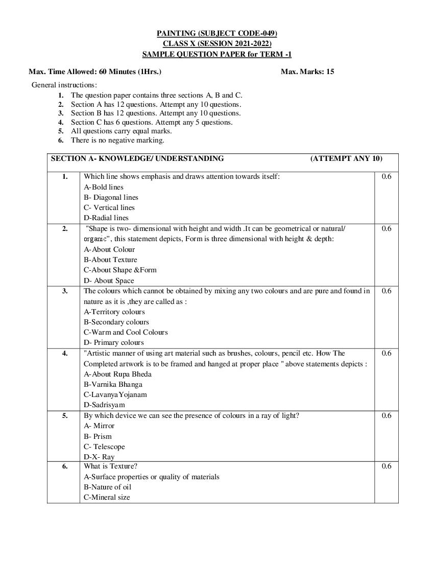 CBSE Class 10 Sample Paper 2022 for Painting Term 1 - Page 1