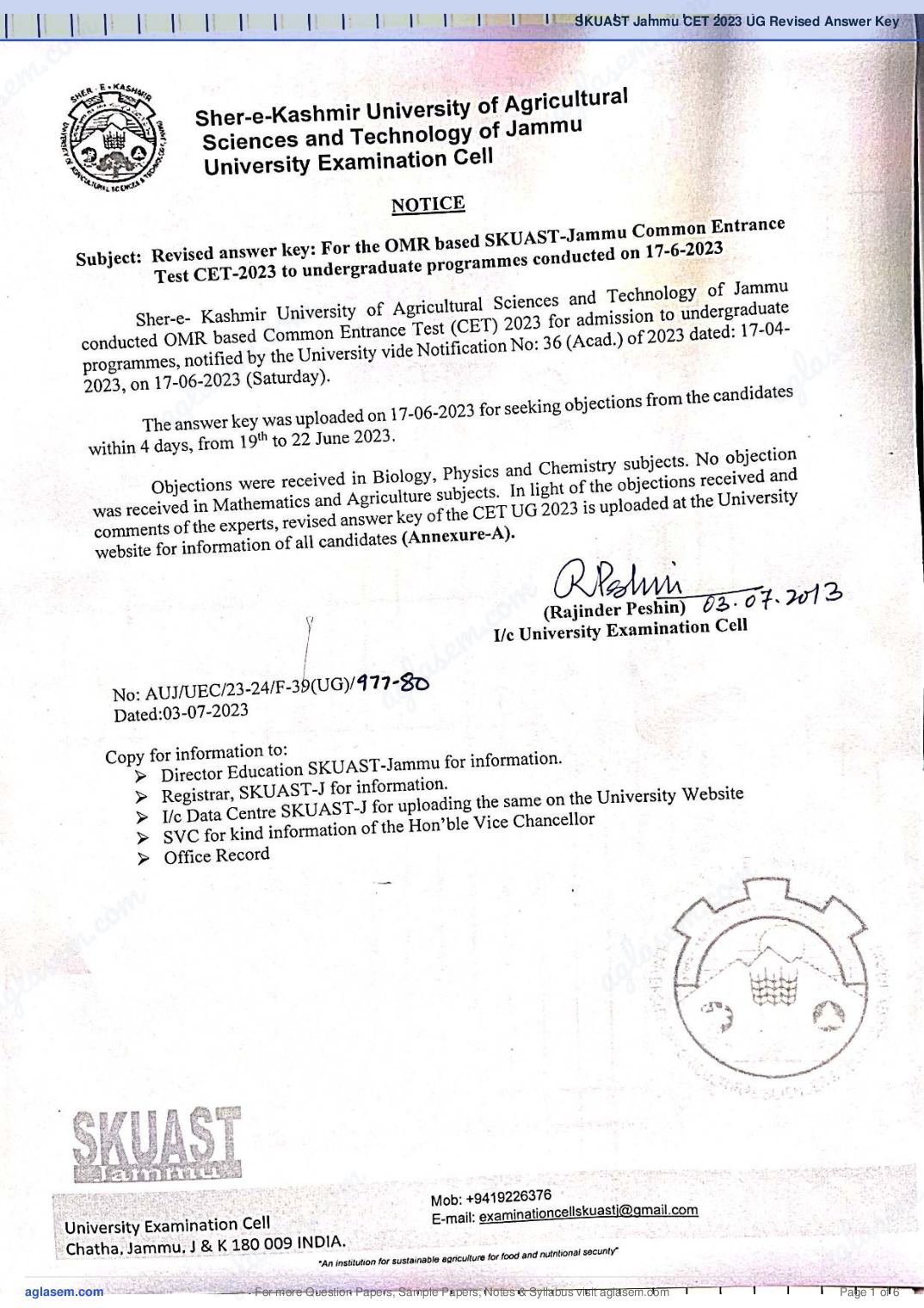 SKUAST Jammu CET 2023 UG Revised Answer Key - Page 1 of 6