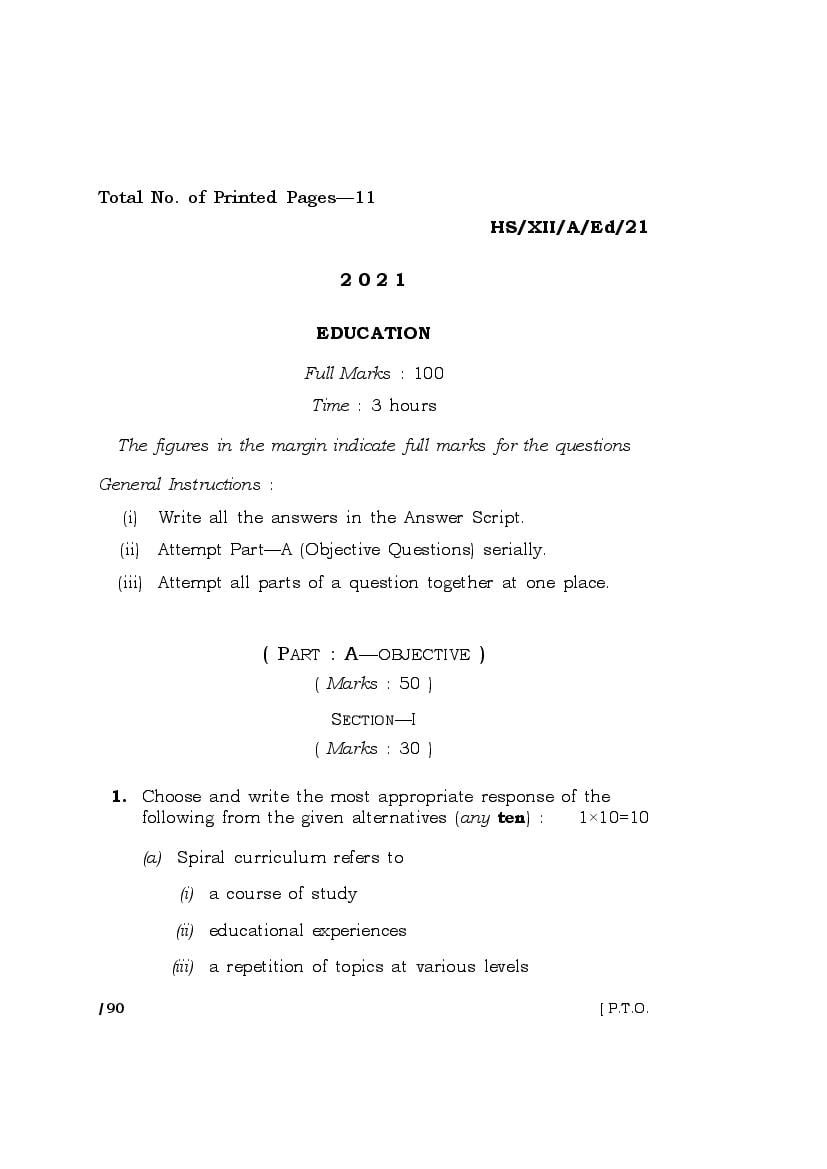 MBOSE Class 12 Question Paper 2021 for Education - Page 1