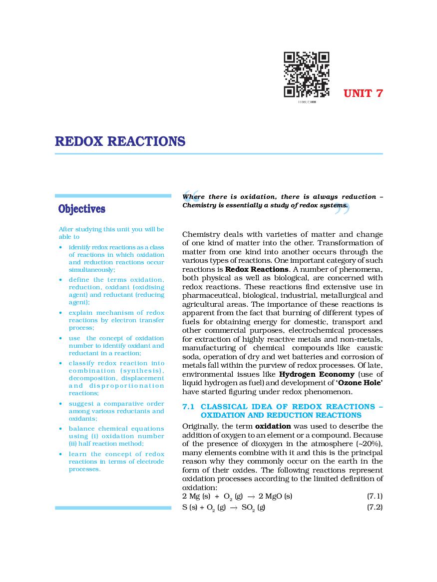 NCERT Book Class 11 Chemistry Chapter 7 Redox Reactions - Page 1