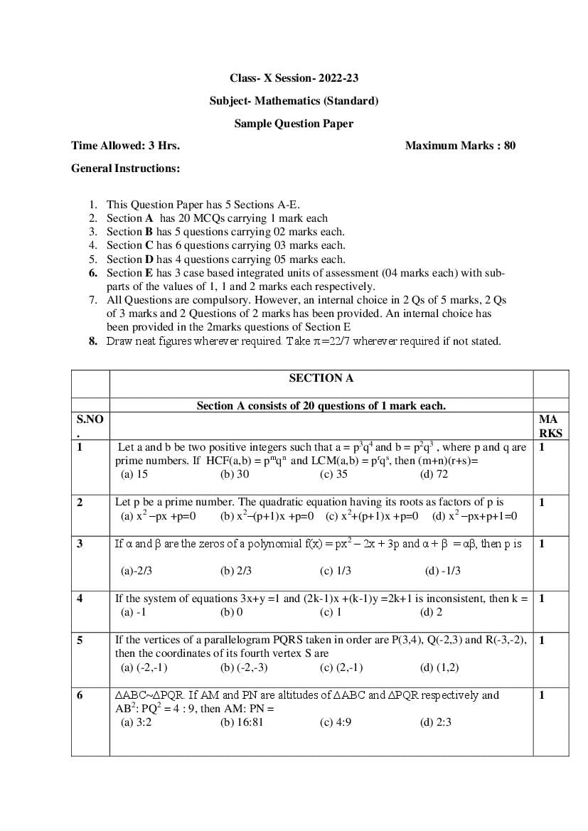 CBSE Class 10 Sample Paper 2023 For Maths Standard