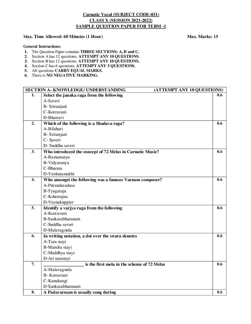 CBSE Class 10 Sample Paper 2022 for Carnatic Music Vocal Term 1 - Page 1