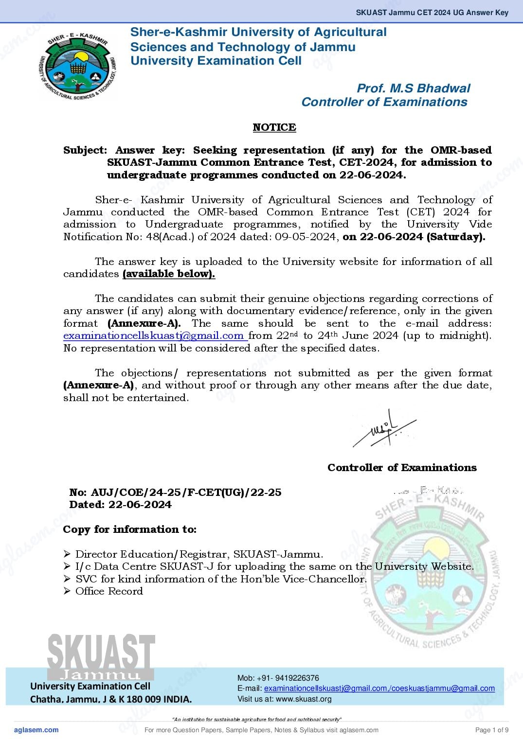 SKUAST Jammu CET 2024 UG Answer Key - Page 1 of 9
