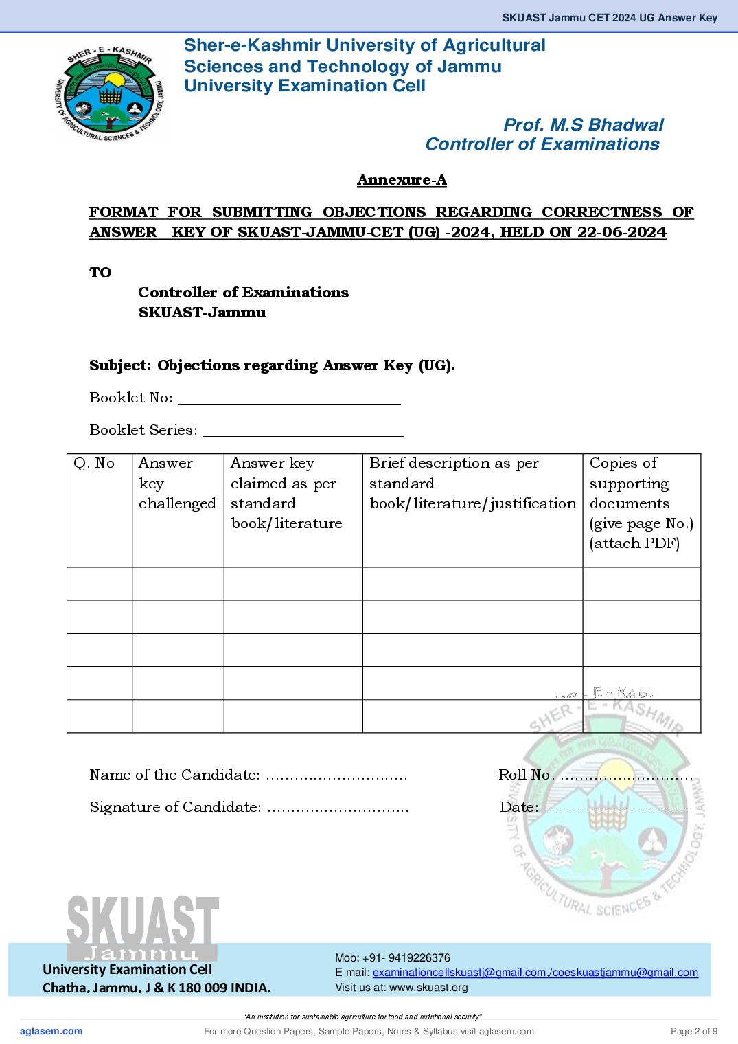 SKUAST Jammu CET 2024 Answer Key PDF