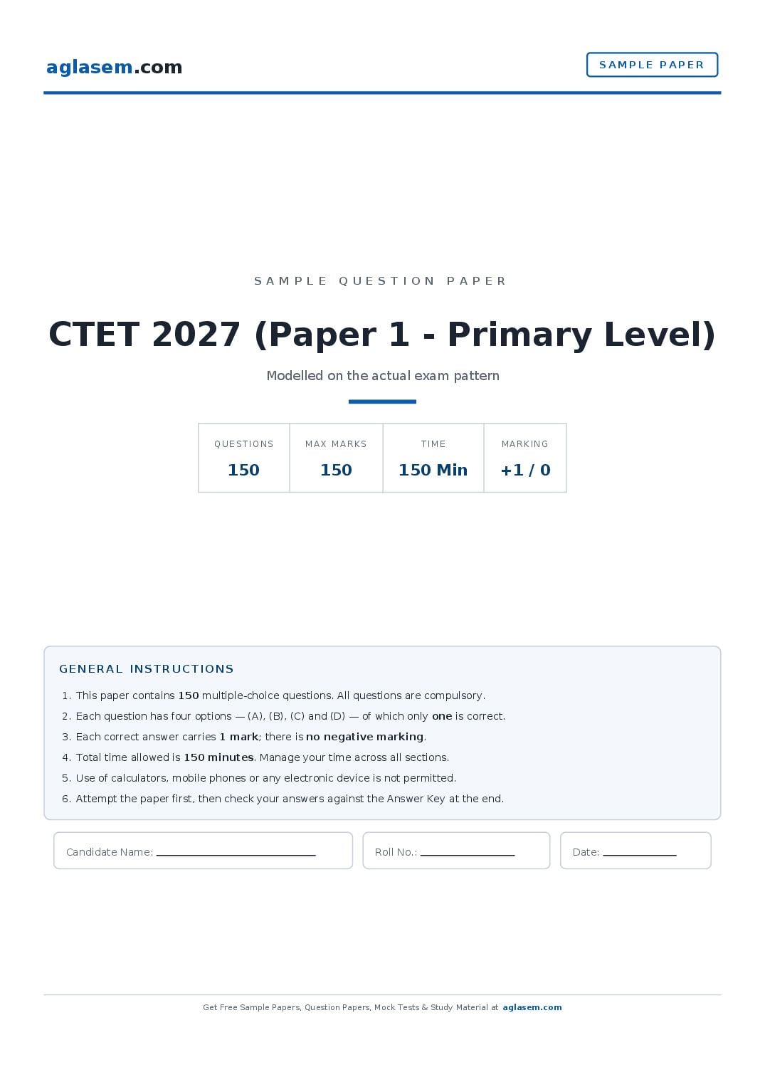 CTET 2027 Sample Paper (Paper 1 - Primary Level) - Page 1 of 54