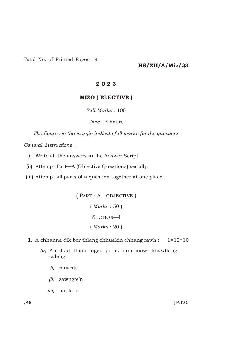 MBOSE Class 12 Question Paper 2023 for Mizo Elective - Page 1
