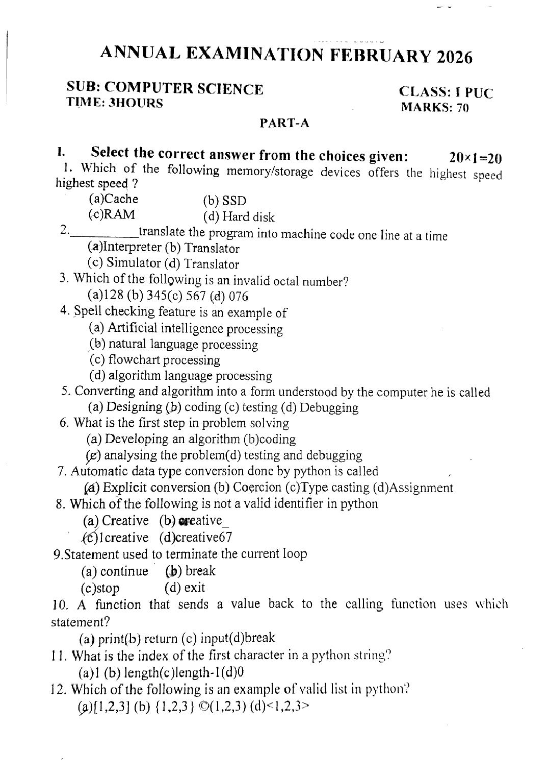 Karnataka 1st PUC Question Paper 2026 Computer Science - Page 1 of 3