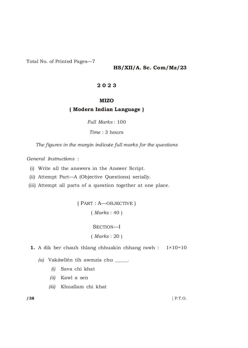 MBOSE Class 12 Question Paper 2023 for Mizo Mil - Page 1