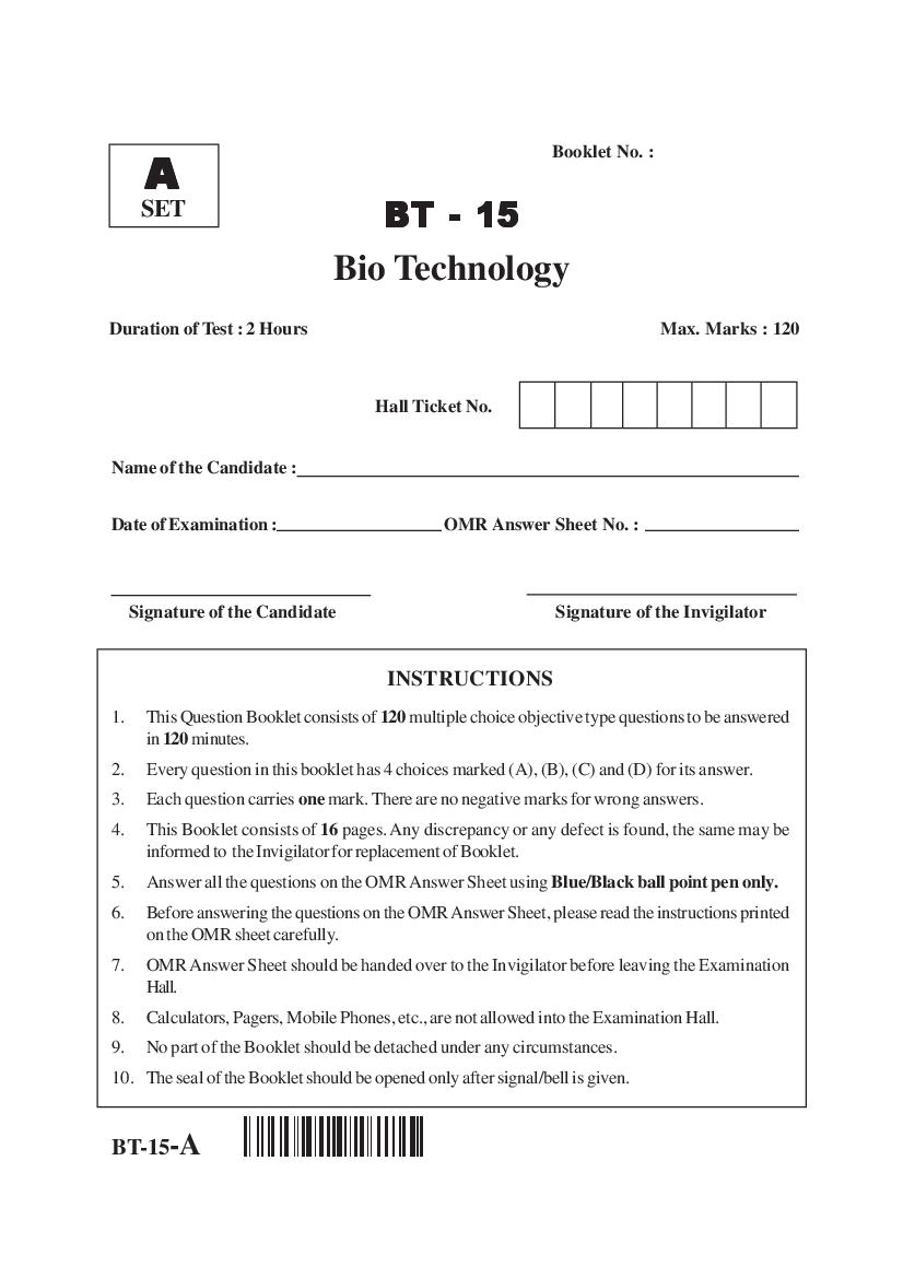 AP PGECET 2015 Question Paper for Bio Technology - Page 1