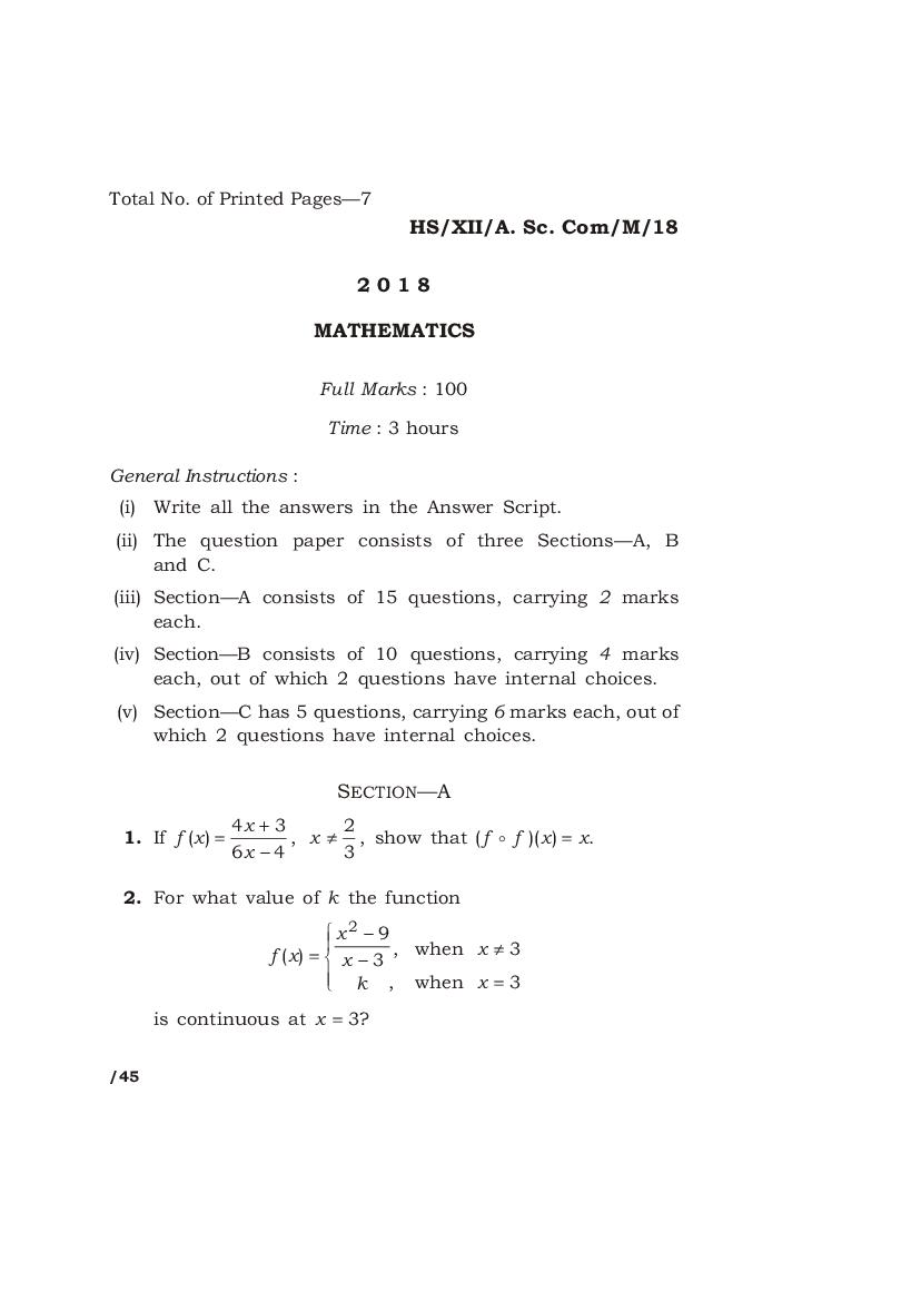MBOSE Class 12 Question Paper 2018 for Mathemtics - Page 1