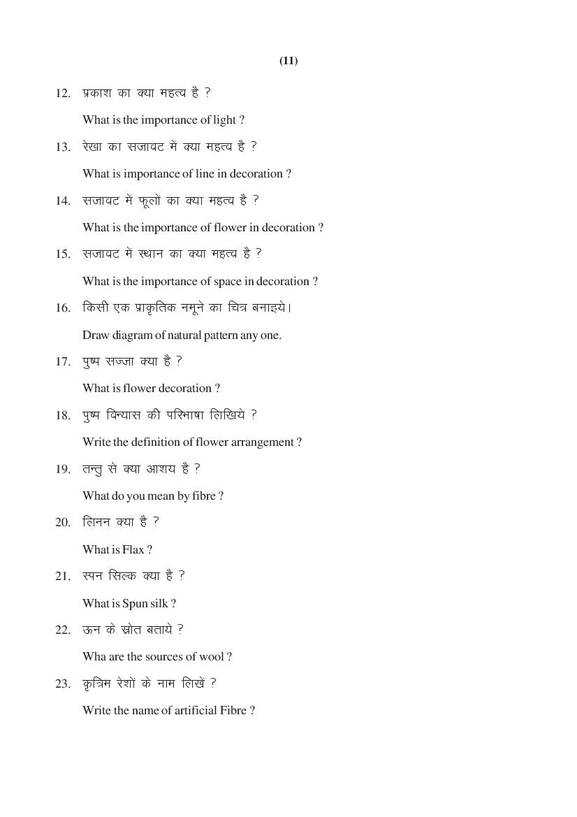 MP Board Class 11 Home Management & Nutrition Question Bank (PDF) – Important Questions