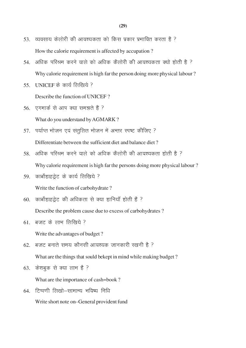 MP Board Class 11 Home Management & Nutrition Question Bank (PDF) – Important Questions