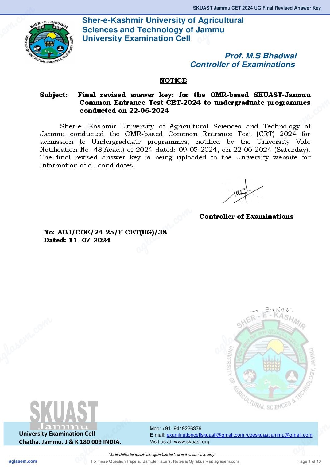 SKUAST Jammu CET 2024 UG Final Revised Answer Key - Page 1 of 10