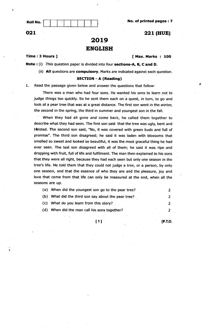 Uttarakhand Board Class 10 Sample Paper for English - Page 1
