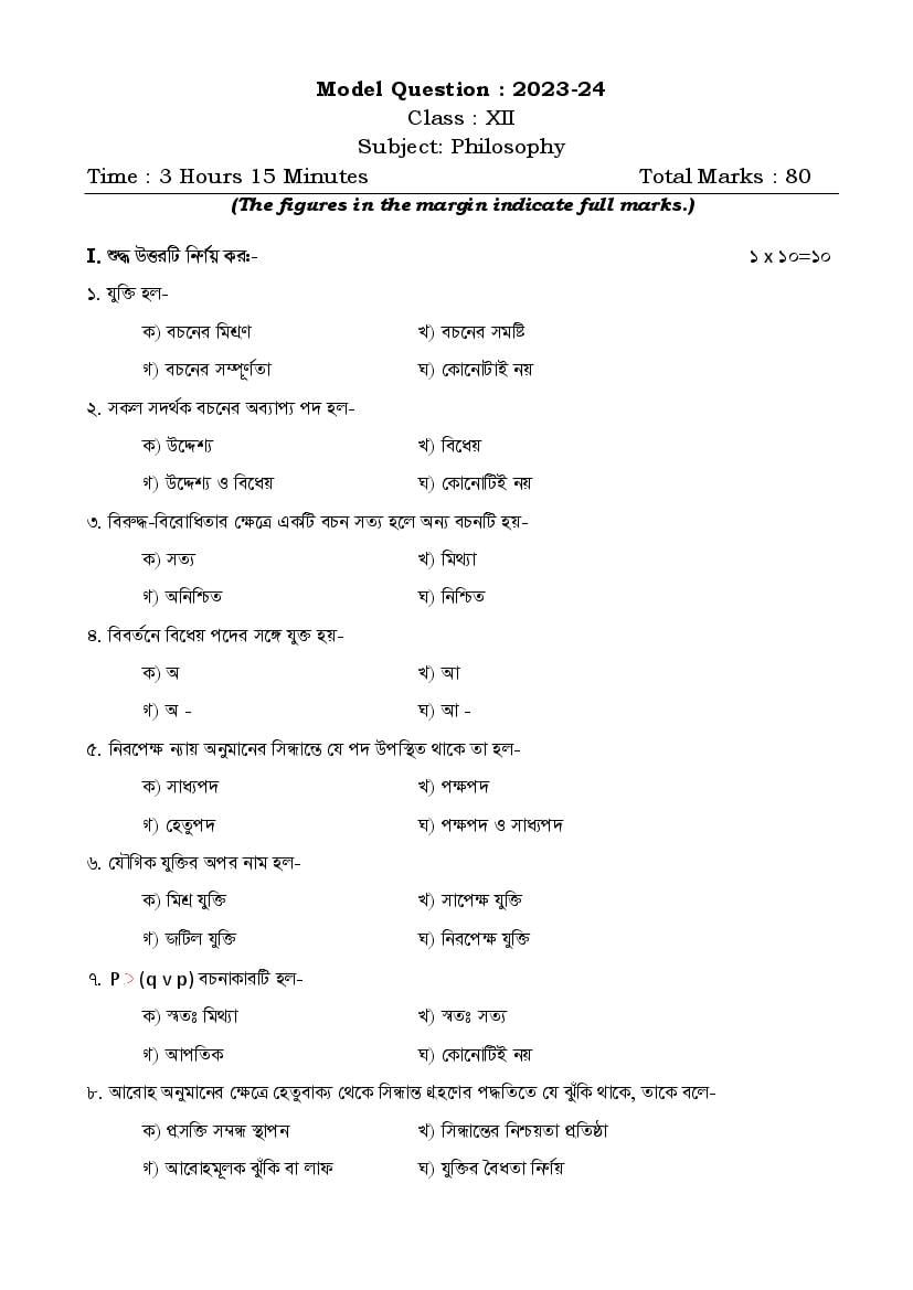 TBSE Class 12 Sample Paper 2024 Philosophy - Page 1