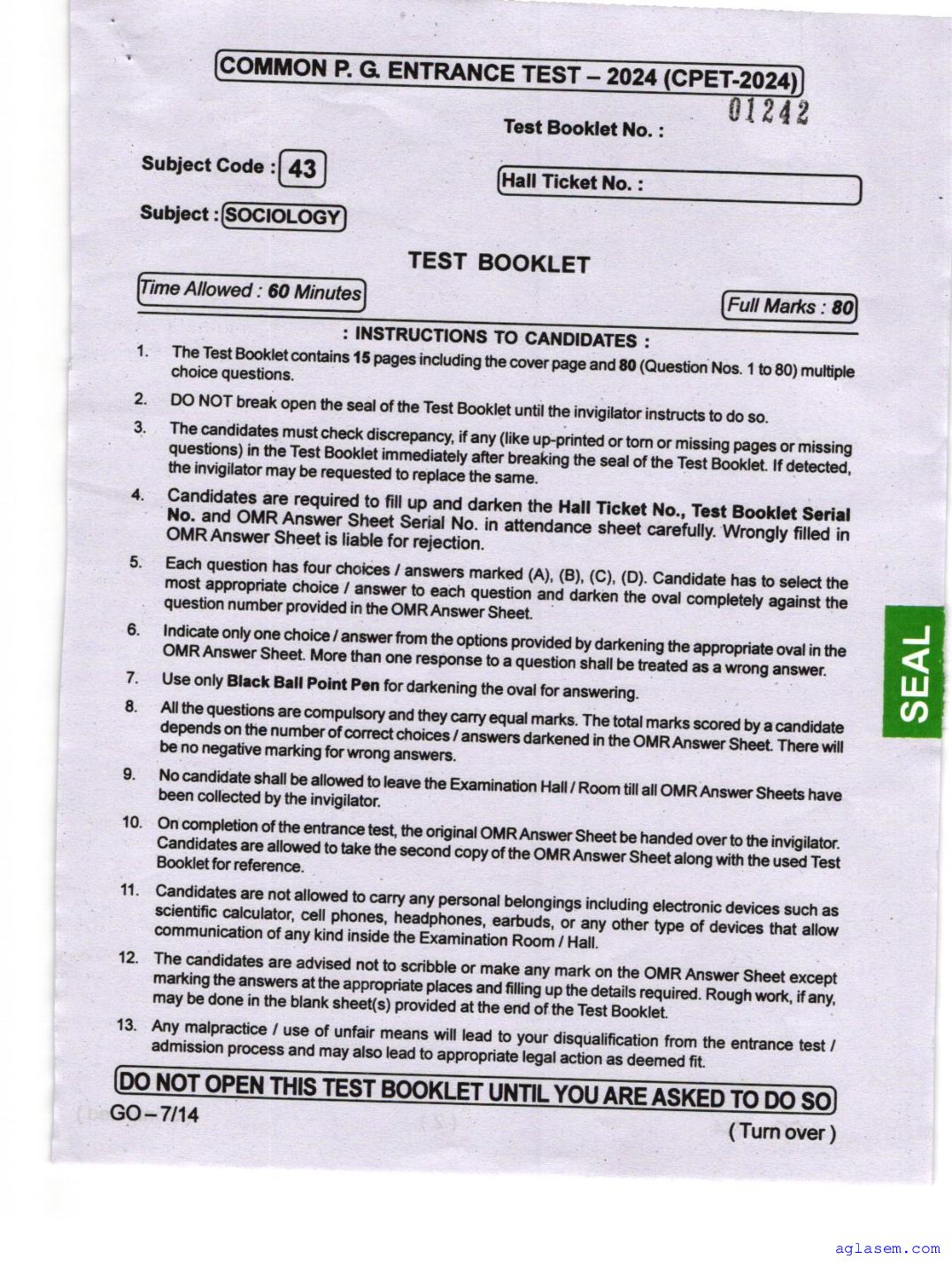 Odisha CPET 2024 Question Paper Sociology - Page 1 of 16