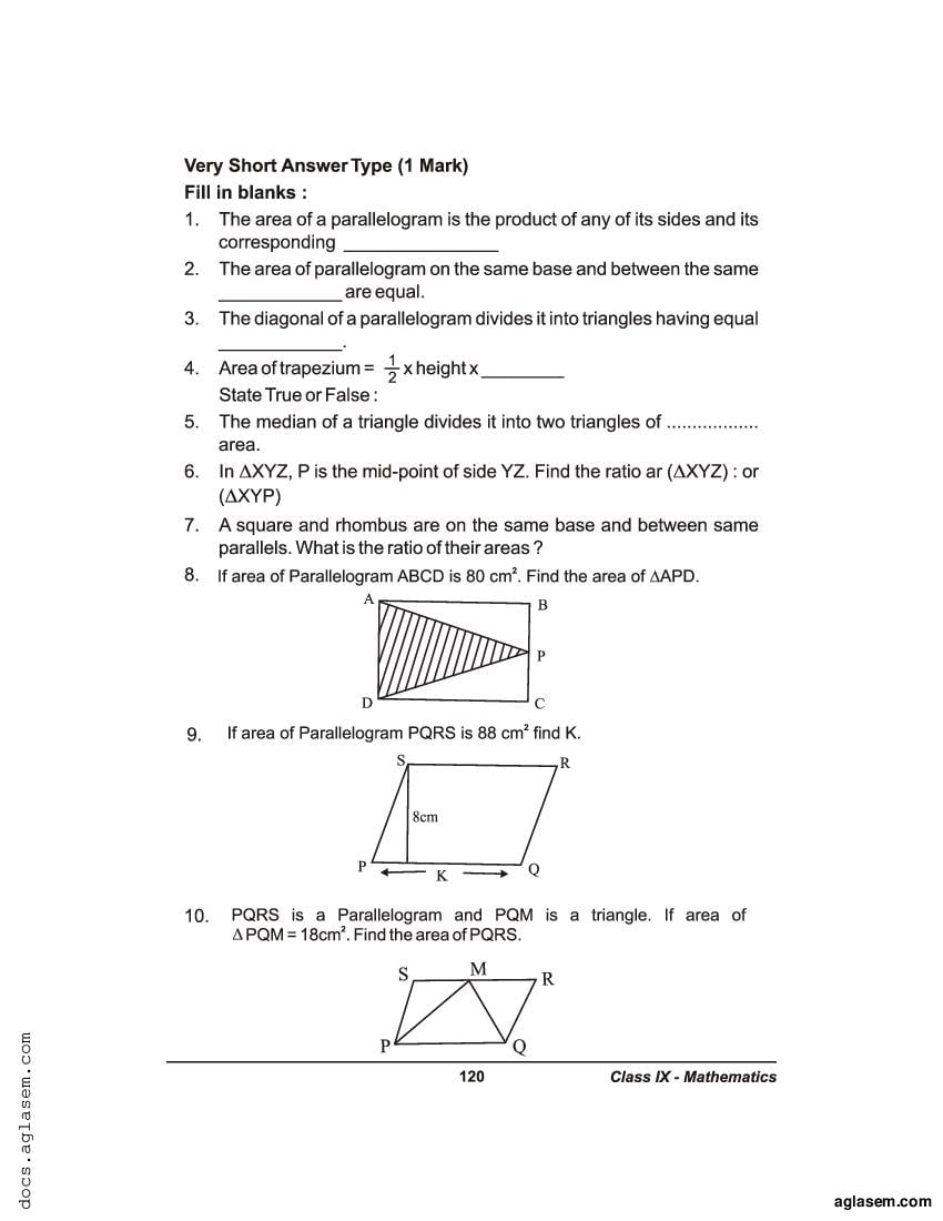 Class 9 Maths Extra Questions Chapter 9 Areas Of Parallelograms And Triangles - Page 1