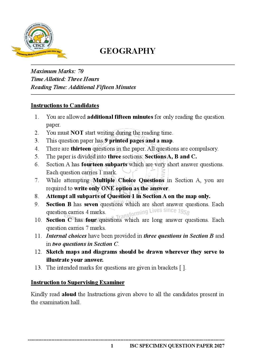 ISC Class 12 Sample Paper 2027 Geography - Page 1 of 21