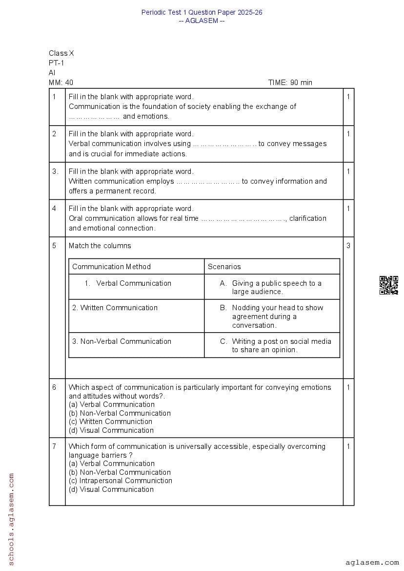 Class 10 PT 1 Question Paper Artificial Intelligence 2025-26 PDF ...