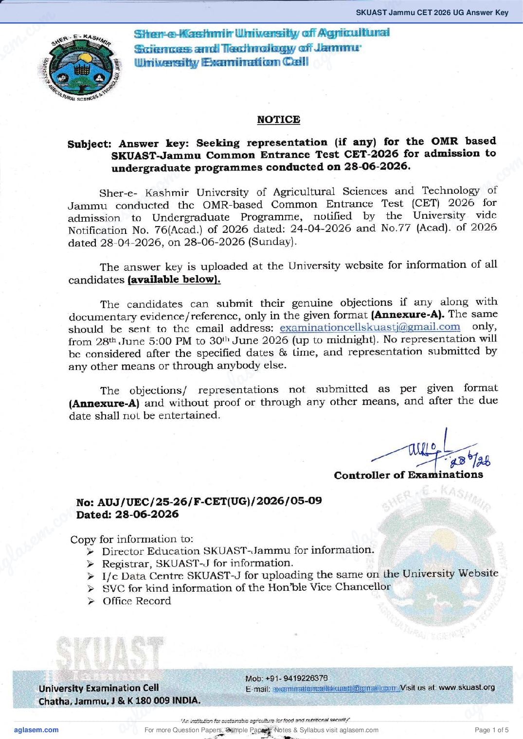 SKUAST Jammu CET 2026 UG Answer Key - Page 1 of 5