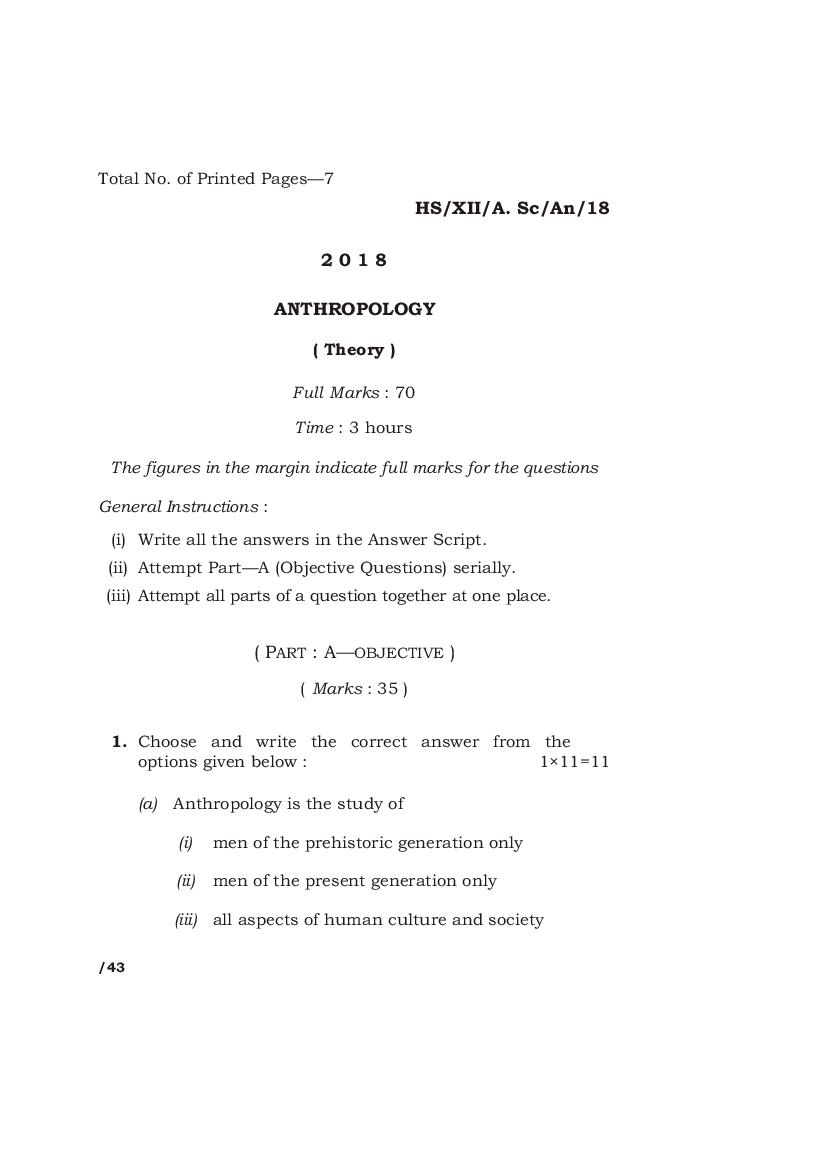 MBOSE Class 12 Question Paper 2018 for Anthropolgy - Page 1