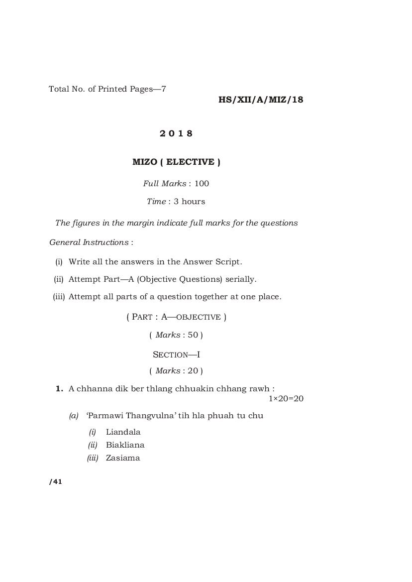 MBOSE Class 12 Question Paper 2018 for Mizo Elective - Page 1