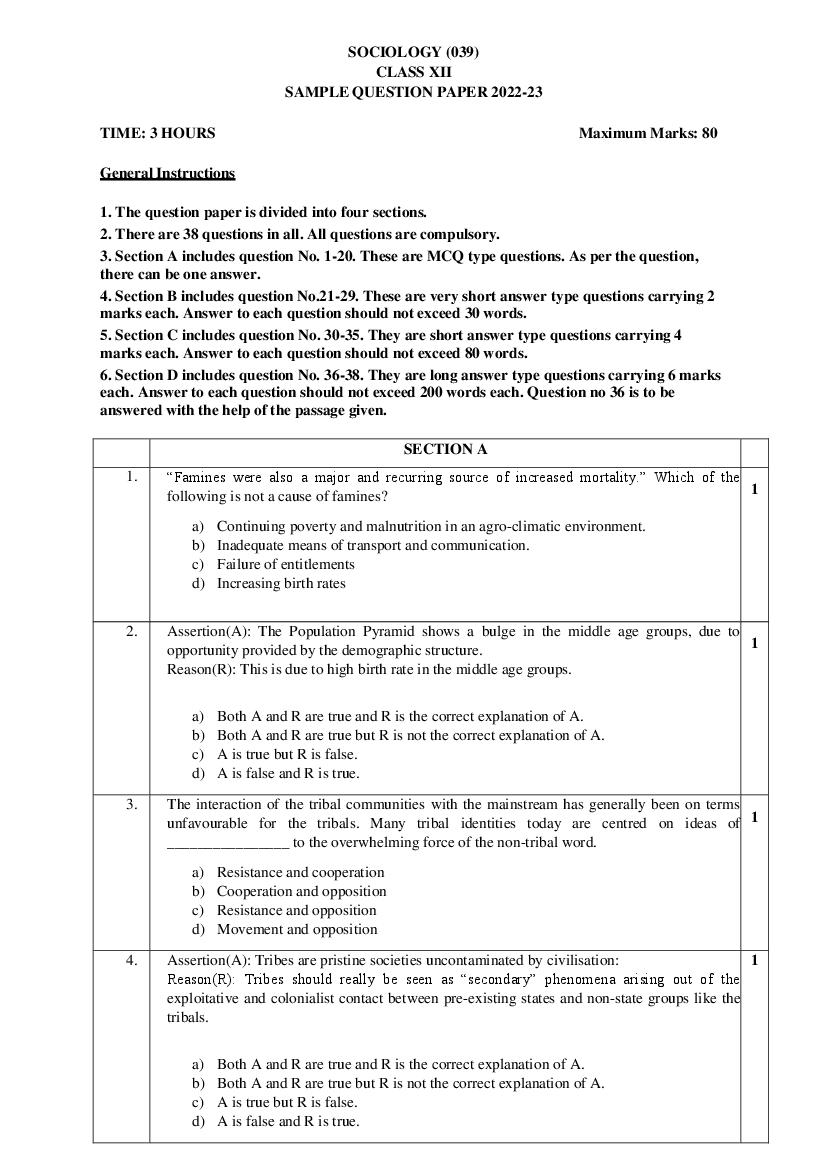 CBSE Class 12 Sample Paper 2023 Sociology - Page 1