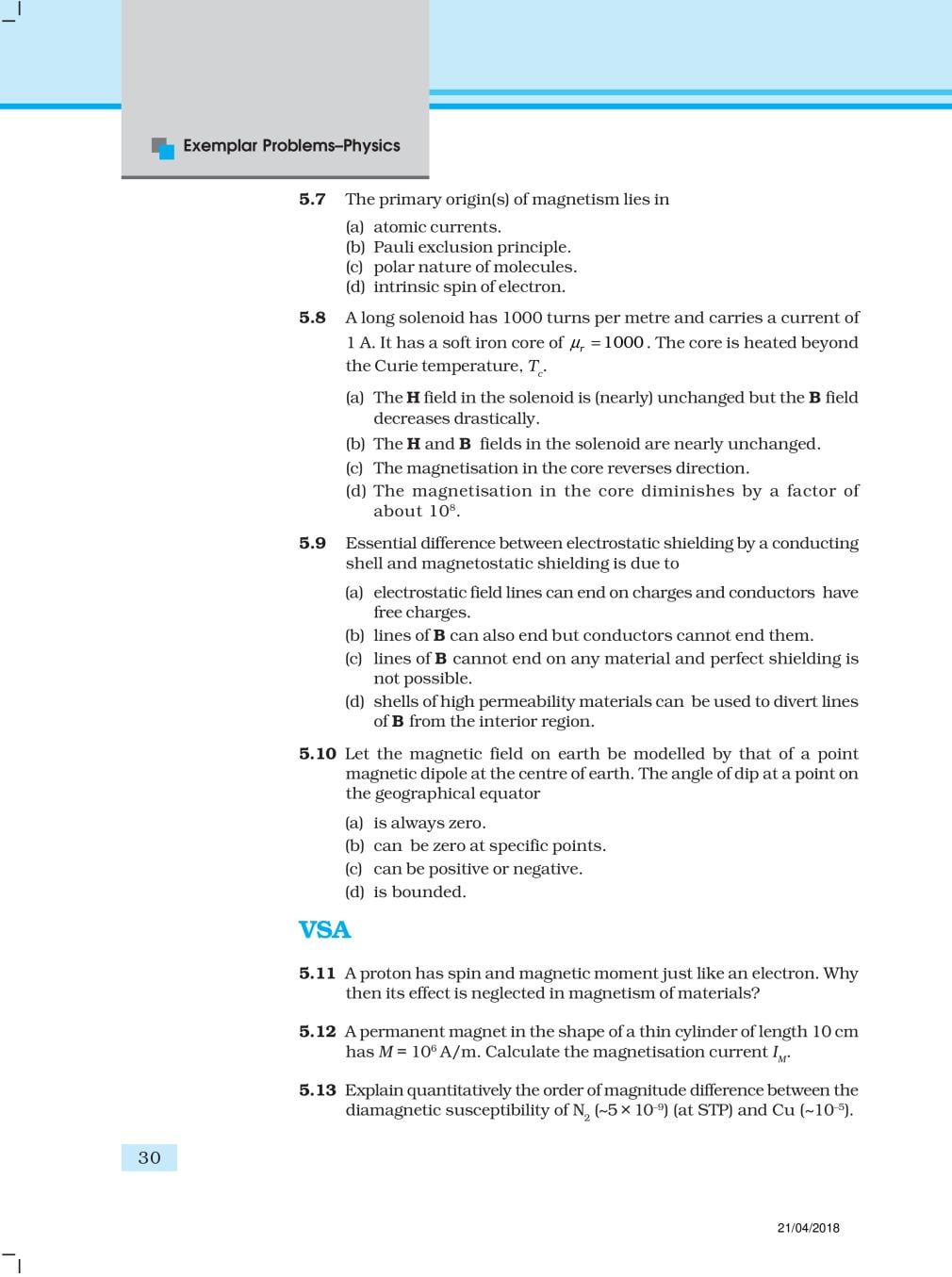 NCERT Exemplar Class 12 Physics Chapter 5 Magnetism and Matter