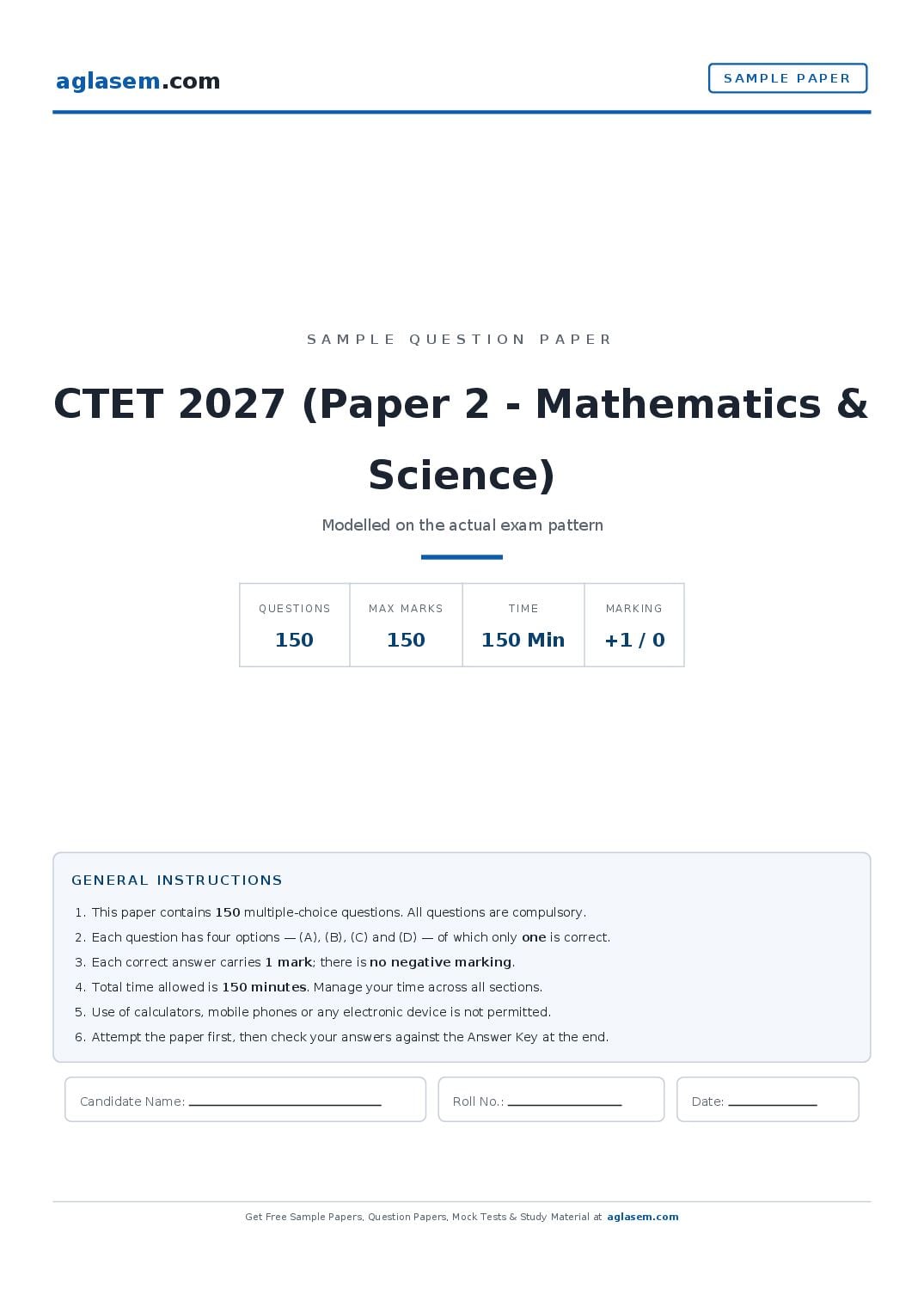 CTET 2027 Sample Paper (Paper 2 - Mathematics & Science) - Page 1 of 44