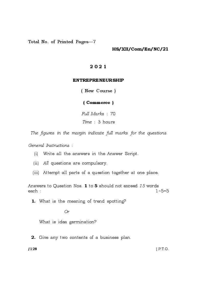 MBOSE Class 12 Question Paper 2021 for Entrepreneurship - Page 1