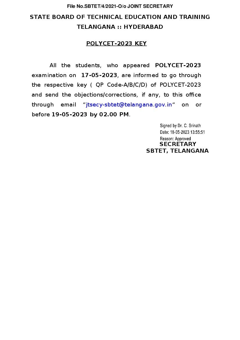 TS POLYCET 2023 Answer Key - Page 1