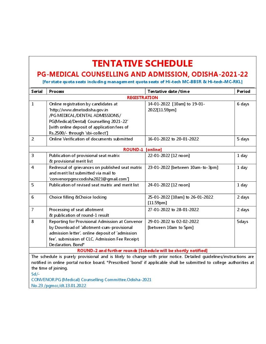 Odisha PG Medical Admission 2021 Counselling Schedule - Page 1