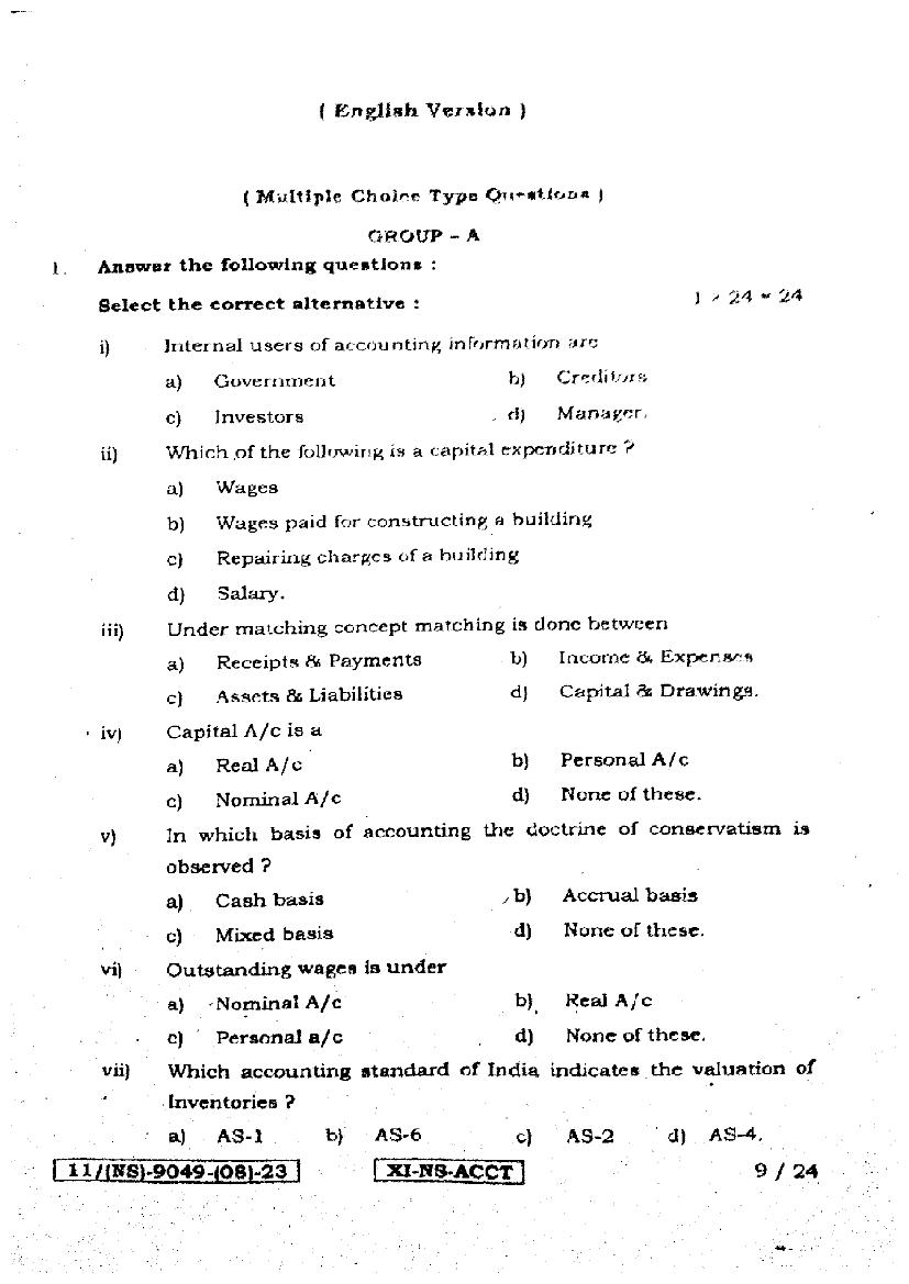 WB Board Class 11 Question Paper 2023 Accountancy - Page 1