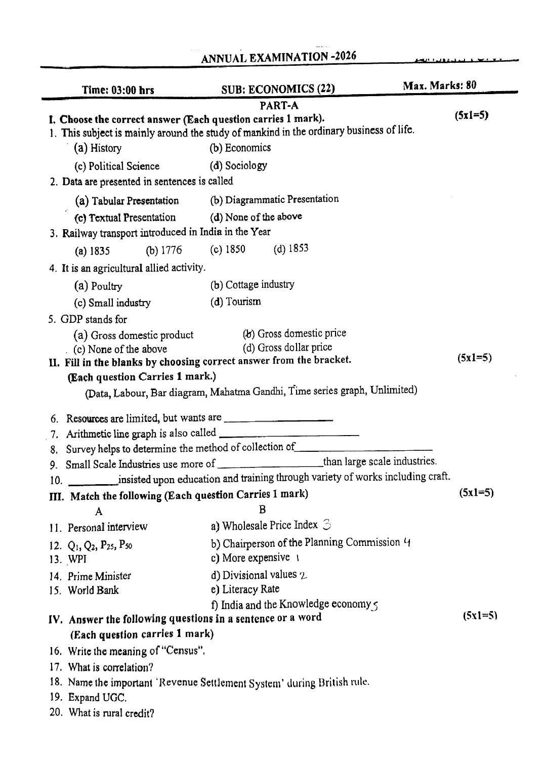 Karnataka 1st PUC Question Paper 2026 Economics - Page 1 of 3