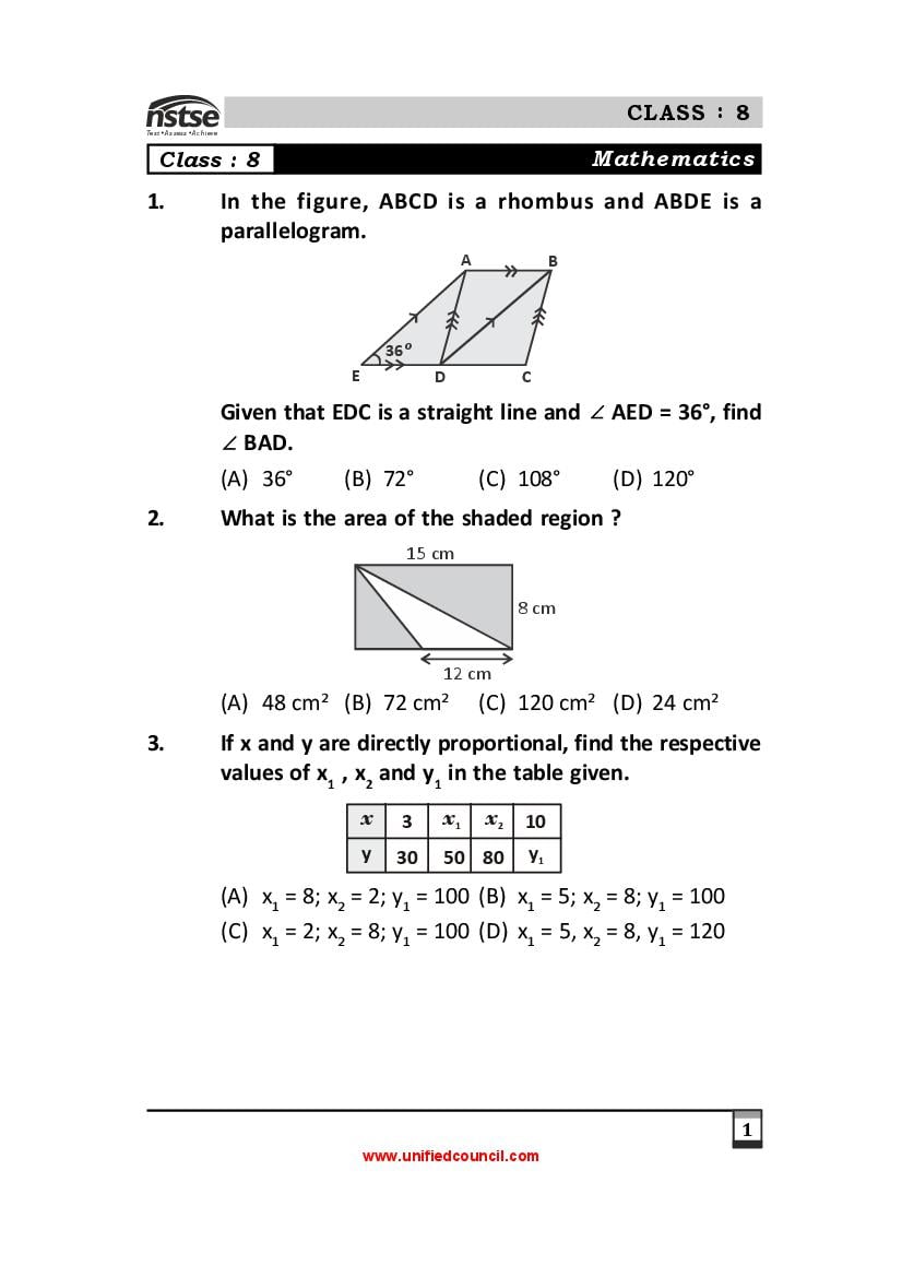 NSTSE Sample Paper Class 8 - Page 1