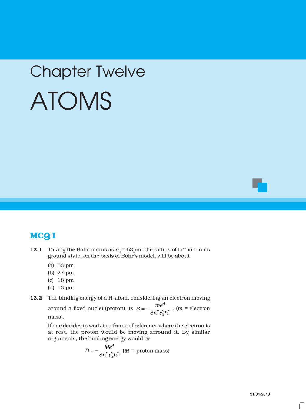 NCERT Exemplar Class 12 Physics Unit 12 Atoms - Page 1