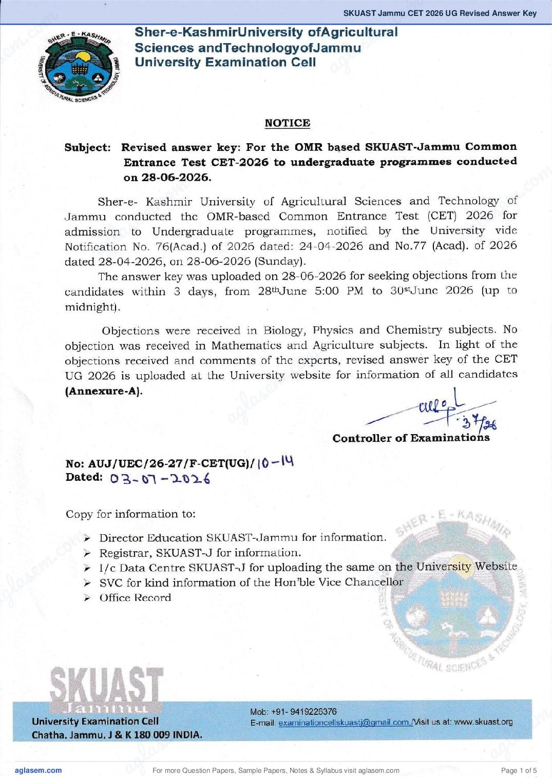 SKUAST Jammu CET 2026 UG Revised Answer Key - Page 1 of 5