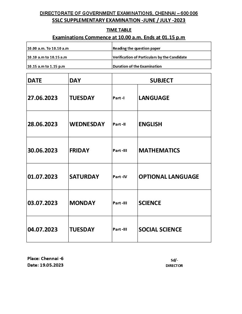 TN SSLC Supplementary Exam Time Table 2023 - Page 1