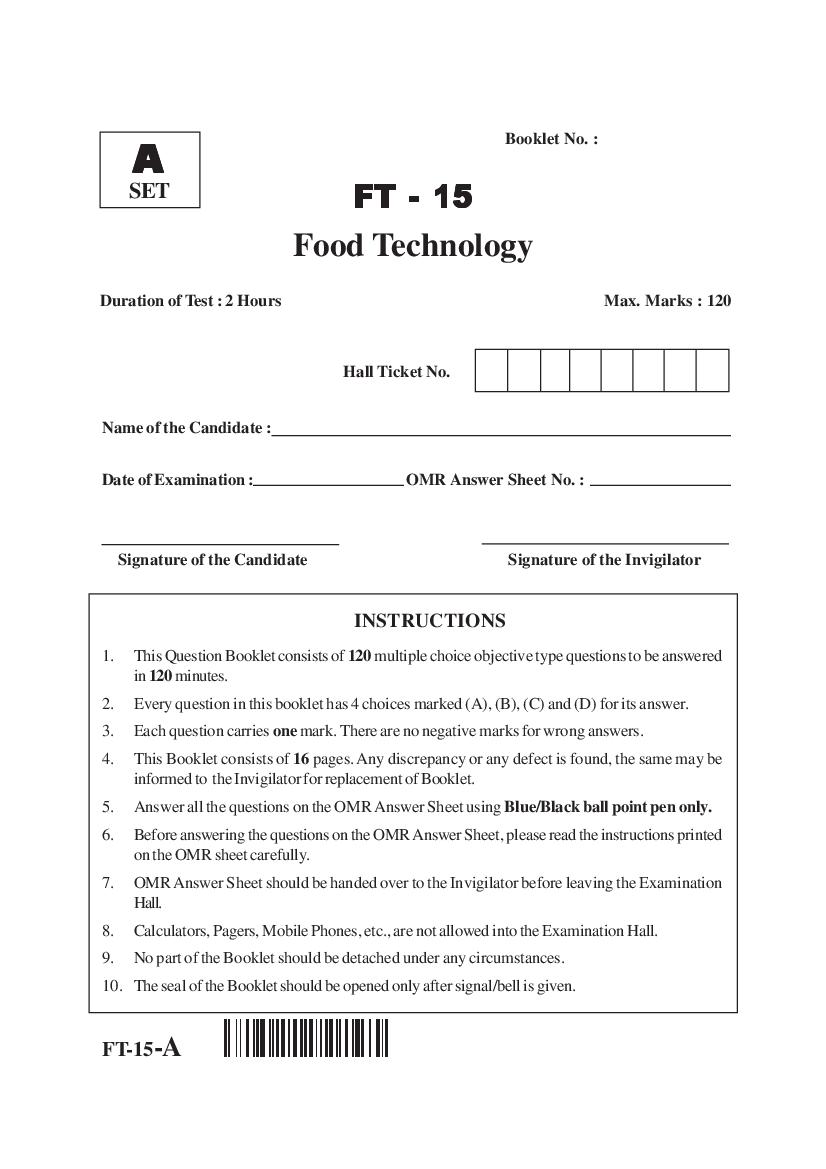 AP PGECET 2015 Question Paper for Food Technology - Page 1