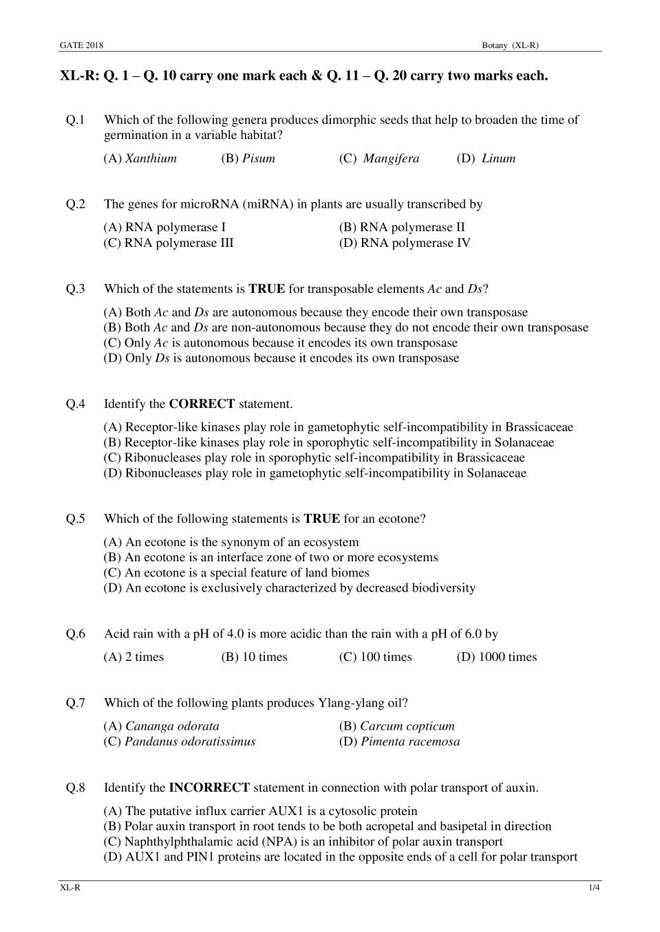 GATE 2018 Botany (XL-R) Question Paper with Answer - Page 1