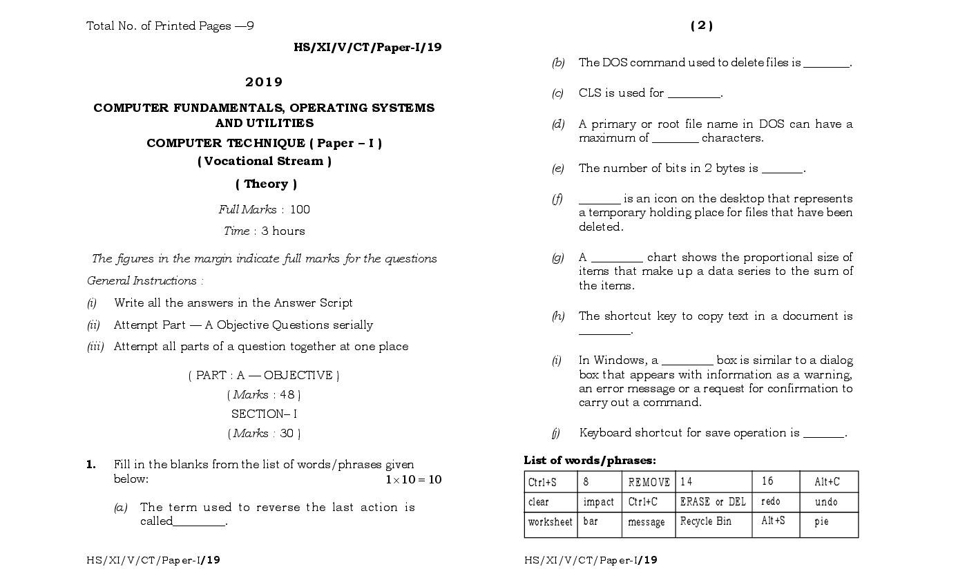 MBOSE Class 11 Question Paper 2019 for Computer Technique  Paper -I - Page 1