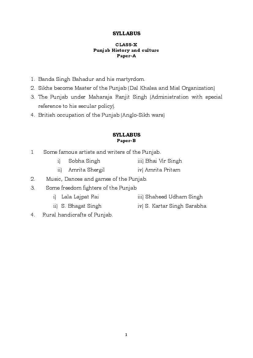 PSEB 10th Class Syllabus 2023 Punjab History and Culture - Page 1